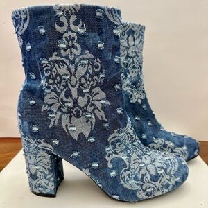 Blue Floral Denim Ankle Boots
